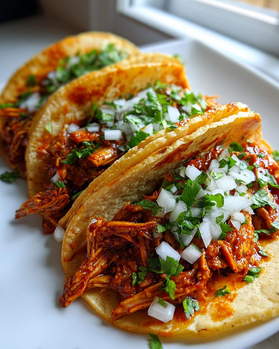 Close-up of three vibrant chicken tacos filled with shredded meat, topped with diced white onion and cilantro.