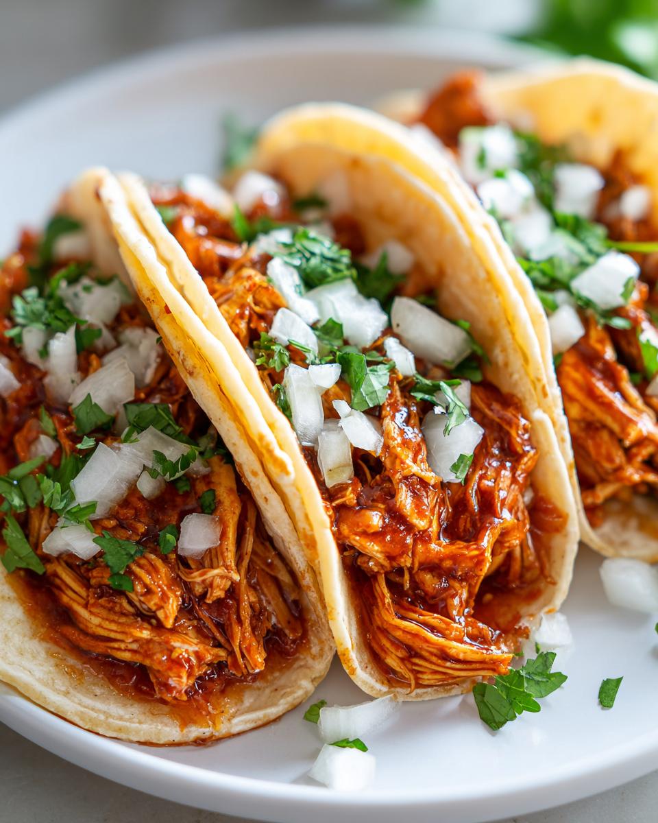 Three delicious chicken tacos filled with saucy shredded chicken, topped with fresh diced white onion and cilantro.