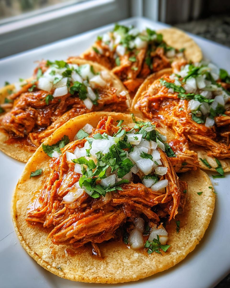 Close-up of four corn tortilla chicken tacos filled with saucy shredded chicken and topped with diced white onion and cilantro.