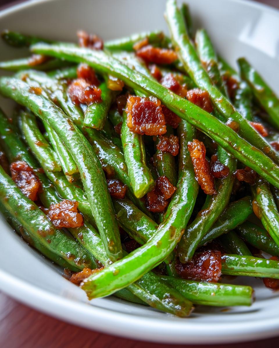 Close-up of bright green beans tossed with crispy, caramelized bacon pieces, highlighting the glossy coating of the green beans.