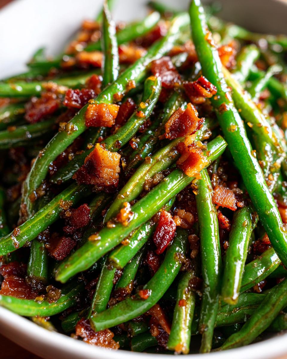 Close-up of vibrant green beans tossed with savory, caramelized bacon pieces.