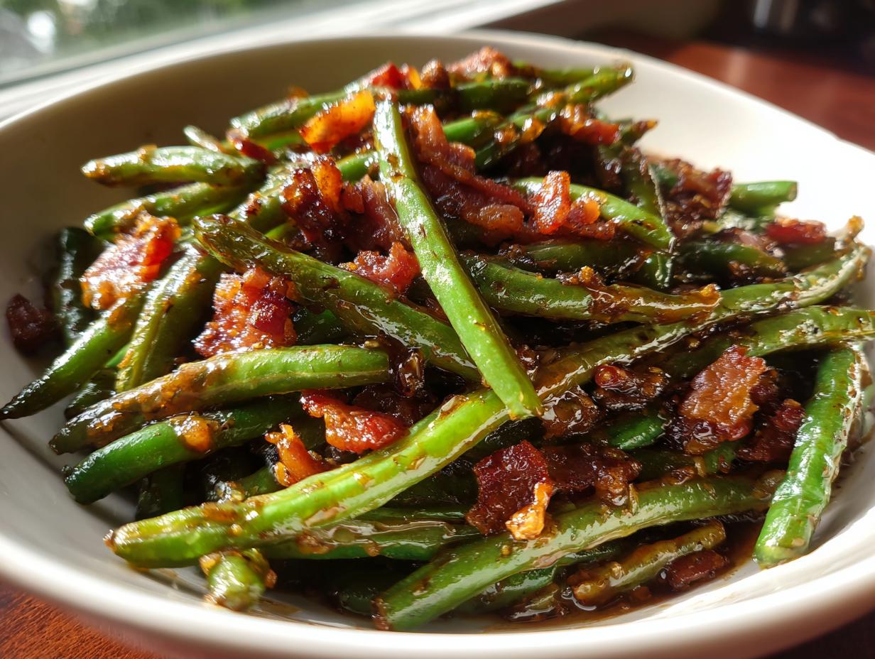 Close-up of bright green beans tossed in a savory glaze with crispy bacon pieces, highlighting the delicious green beans.