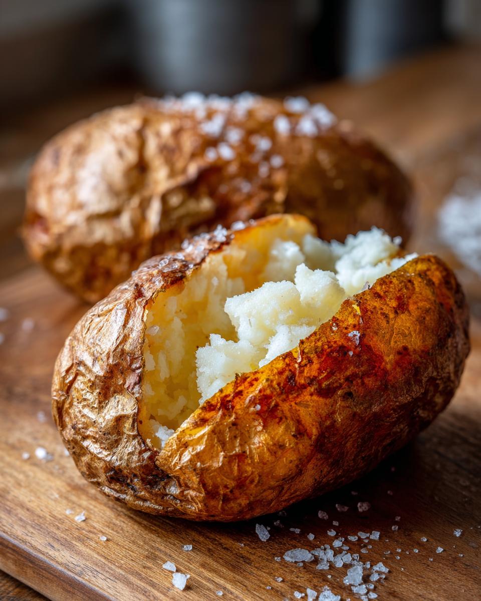 Close-up of a perfectly cooked air fryer baked potato, split open to show fluffy interior and salted, crispy skin.