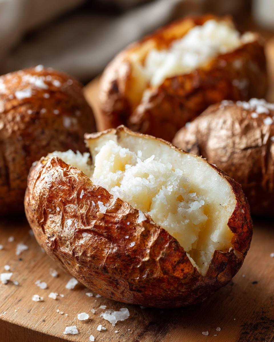 Close-up of a perfectly cooked air fryer baked potato, split open to show fluffy interior topped with coarse sea salt.