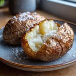 Close-up of a fluffy air fryer baked potato, split open and topped generously with coarse salt.