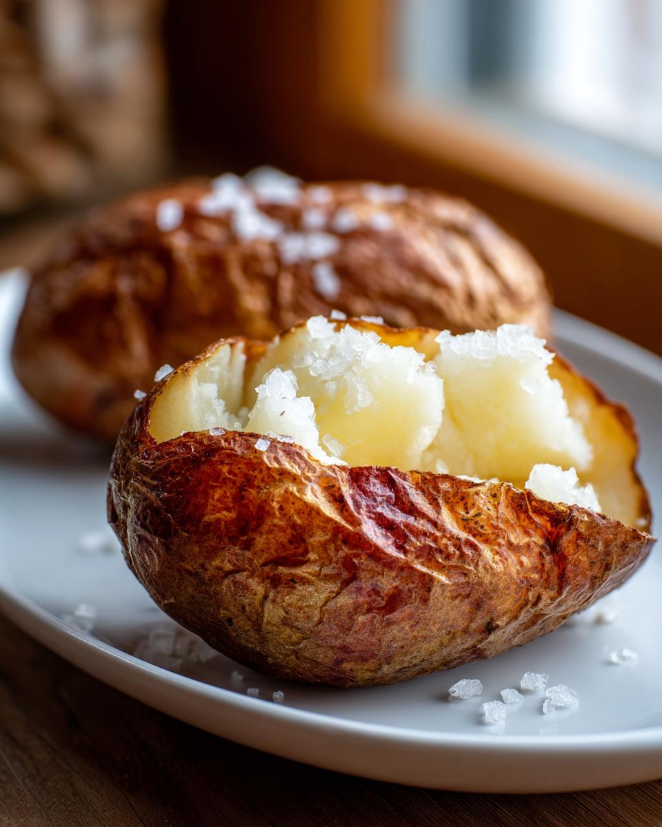 Close-up of a perfectly cooked air fryer baked potato, split open and topped with coarse sea salt.