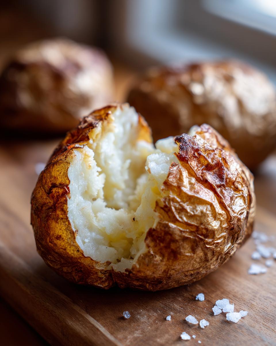 Close-up of a perfectly cooked air fryer baked potato split open, showing fluffy white interior and crispy skin, sprinkled with sea salt.