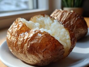 Close-up of a perfectly cooked air fryer baked potato, split open to show fluffy interior and salted, crispy skin.