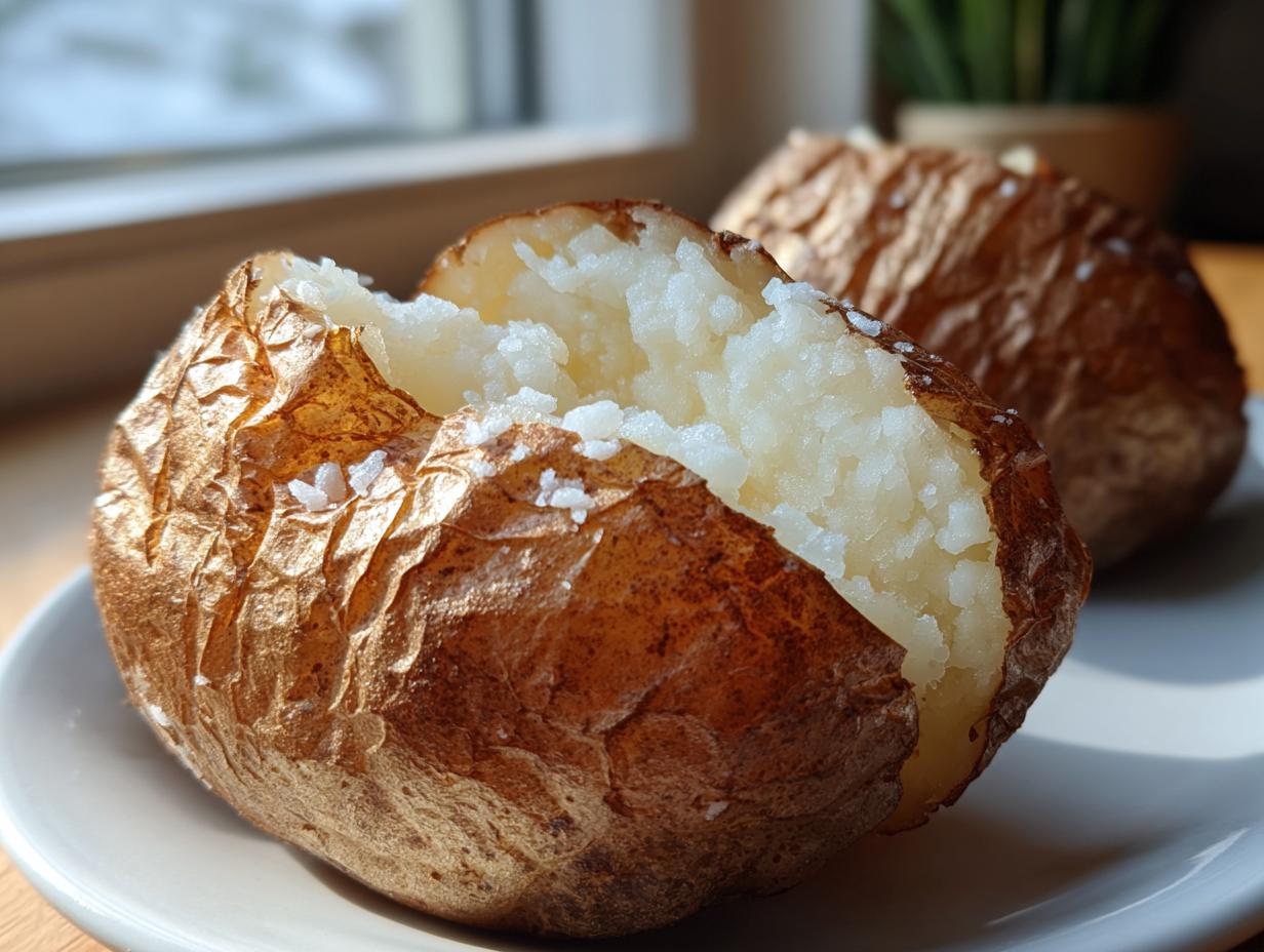 Close-up of a perfectly cooked air fryer baked potato, split open to show fluffy interior and salted, crispy skin.