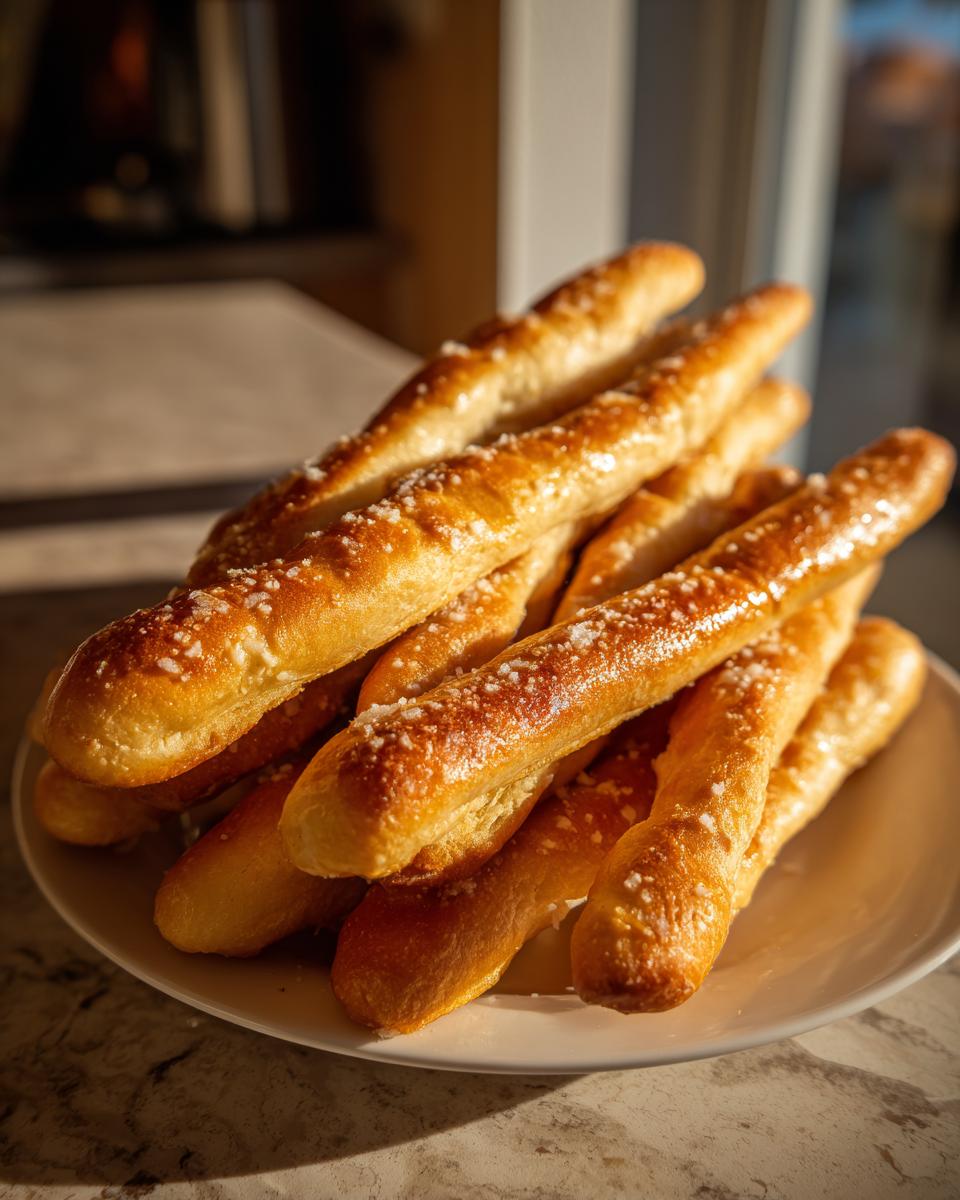 A pile of freshly baked, golden brown breadsticks sprinkled with coarse salt, resting on a white plate.