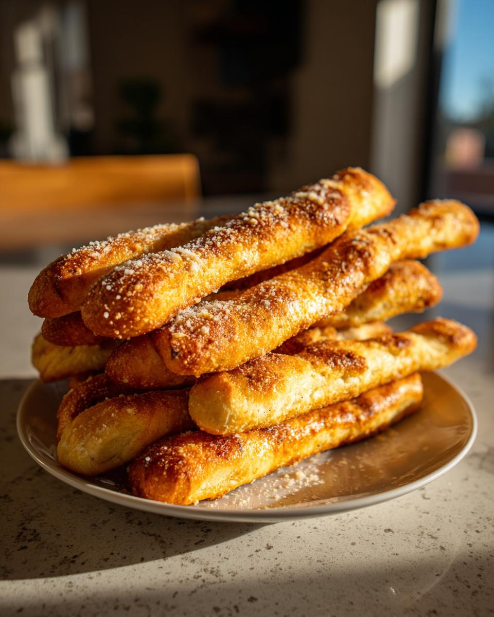 A tall stack of golden brown, cheesy breadsticks piled high on a small plate, ready to eat.