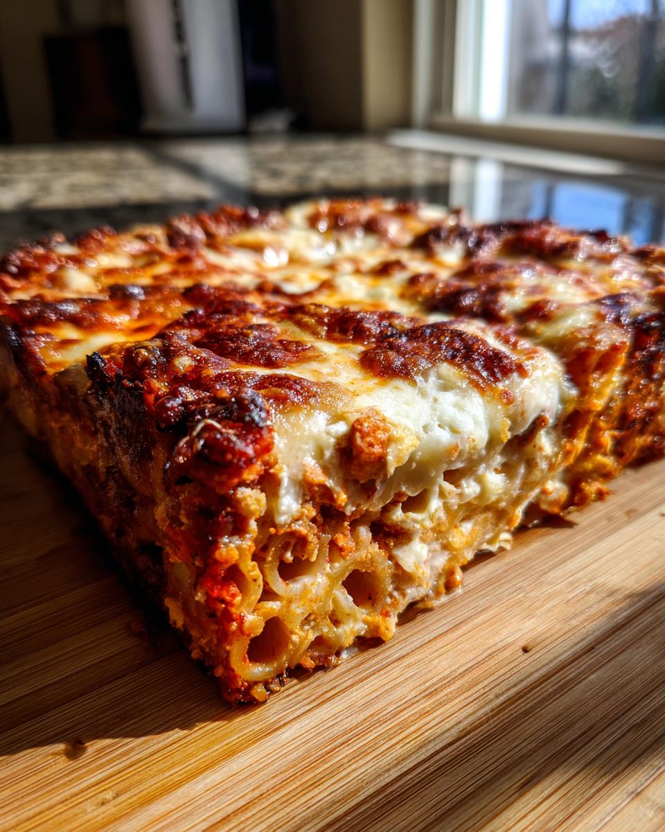 Close-up of a thick slice of baked pasta bake showing tubular pasta, meat sauce, and a bubbly, browned cheese topping.
