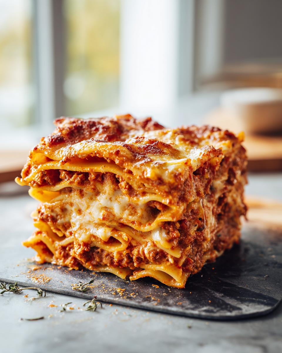 A thick, perfectly layered slice of lasagna-style pasta bake with rich meat sauce and melted cheese.