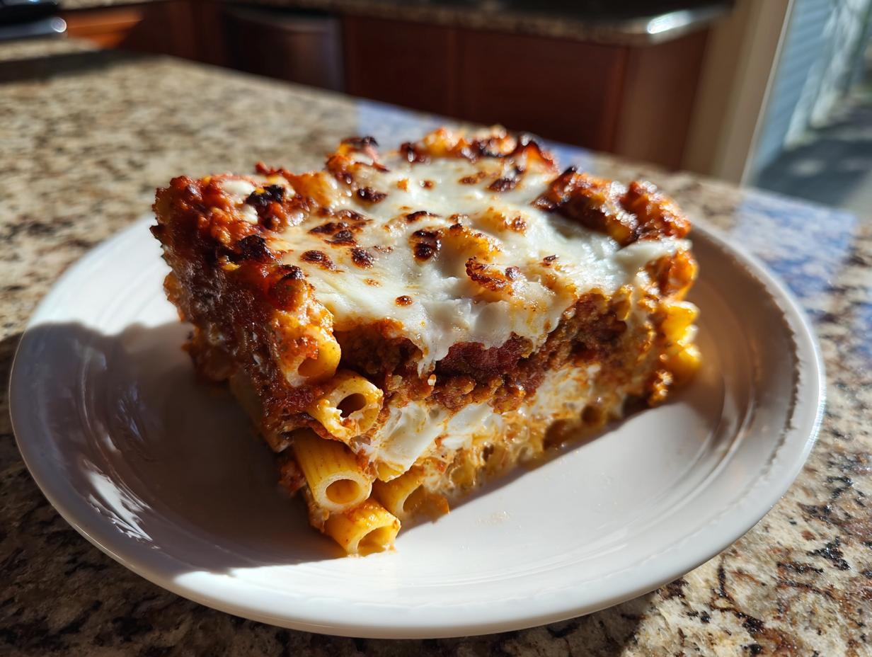 A generous slice of cheesy, baked ziti style pasta bake with rich meat sauce, served on a white plate.