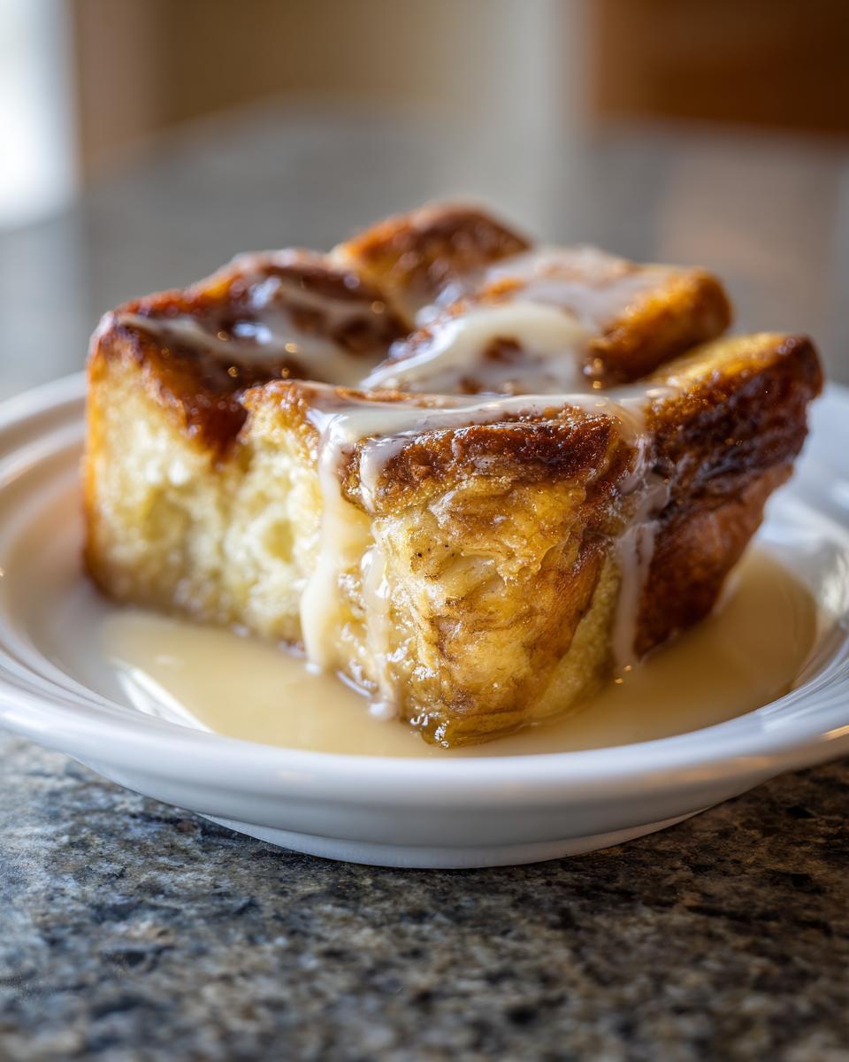 A close-up of a serving of rich, glazed bread pudding soaking in sauce on a white plate.