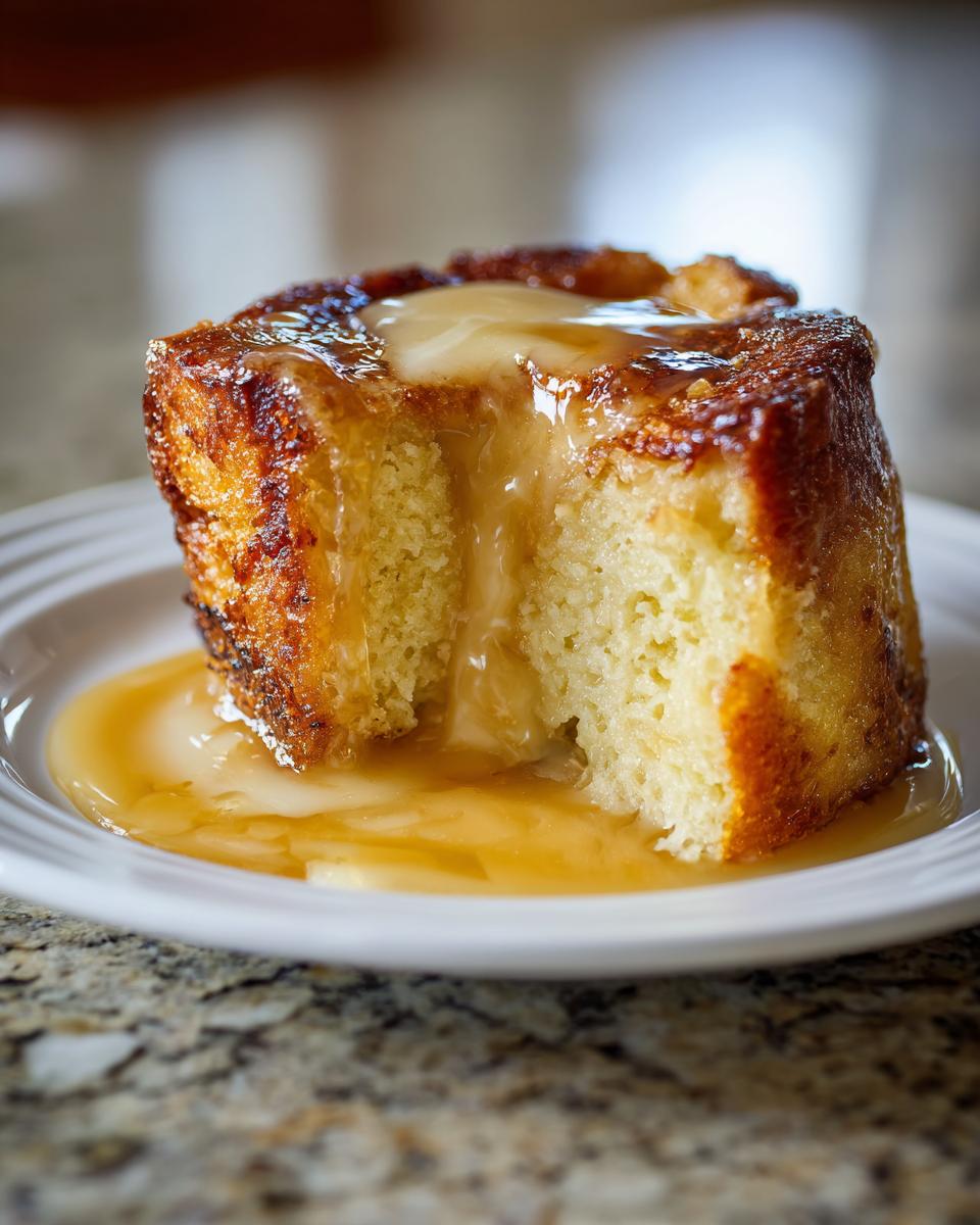 A close-up of a single serving of moist bread pudding, topped with melting butter and rich caramel sauce.