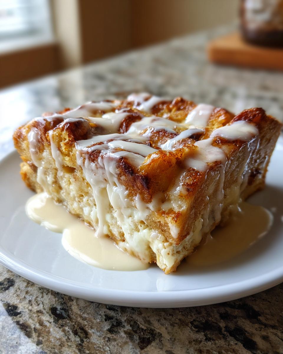 A square slice of moist bread pudding topped with thick white icing and served on a white plate.