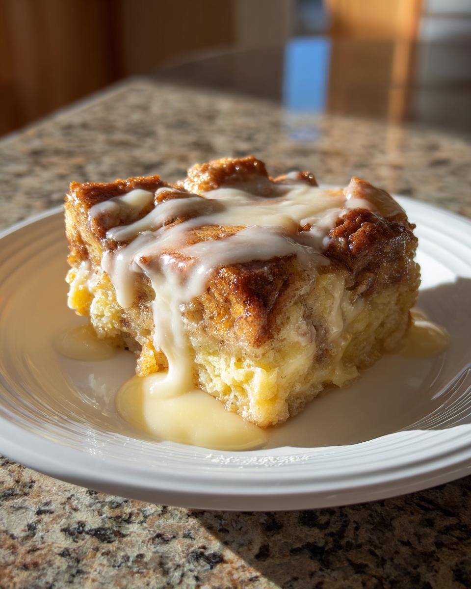 A square serving of amazing bread pudding topped with a thick vanilla glaze, sitting on a white plate.