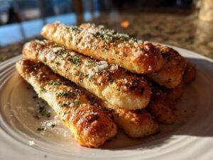 A stack of golden brown, freshly baked breadsticks generously topped with grated Parmesan cheese and chopped parsley.