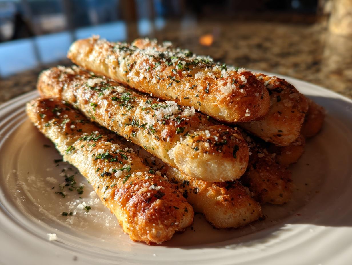 A stack of golden brown, freshly baked breadsticks generously topped with grated Parmesan cheese and chopped parsley.