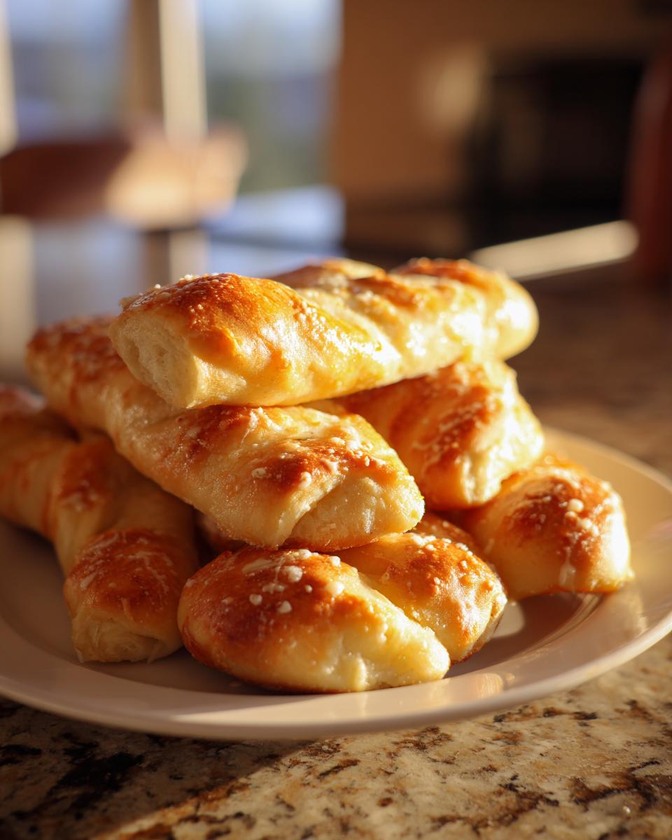 A pile of freshly baked, golden brown breadsticks sprinkled with coarse salt, ready to eat.