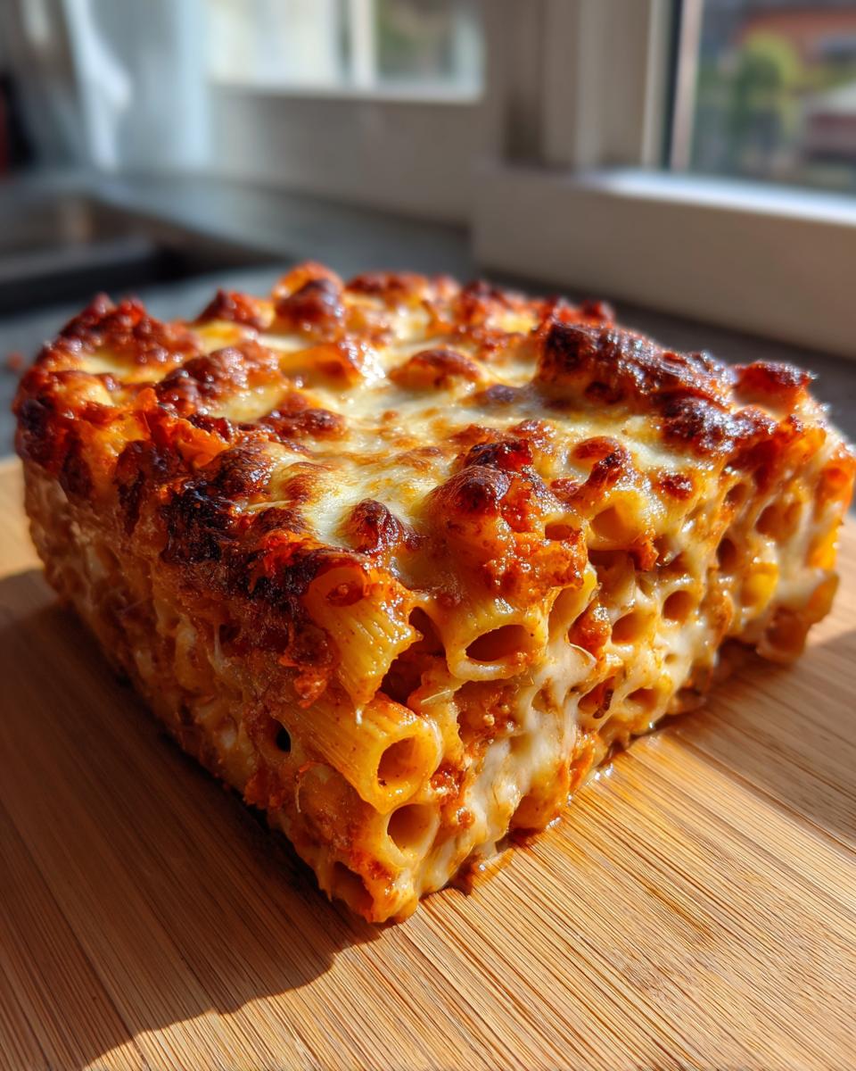 A thick, square slice of baked ziti pasta bake with a golden, bubbly cheese topping.