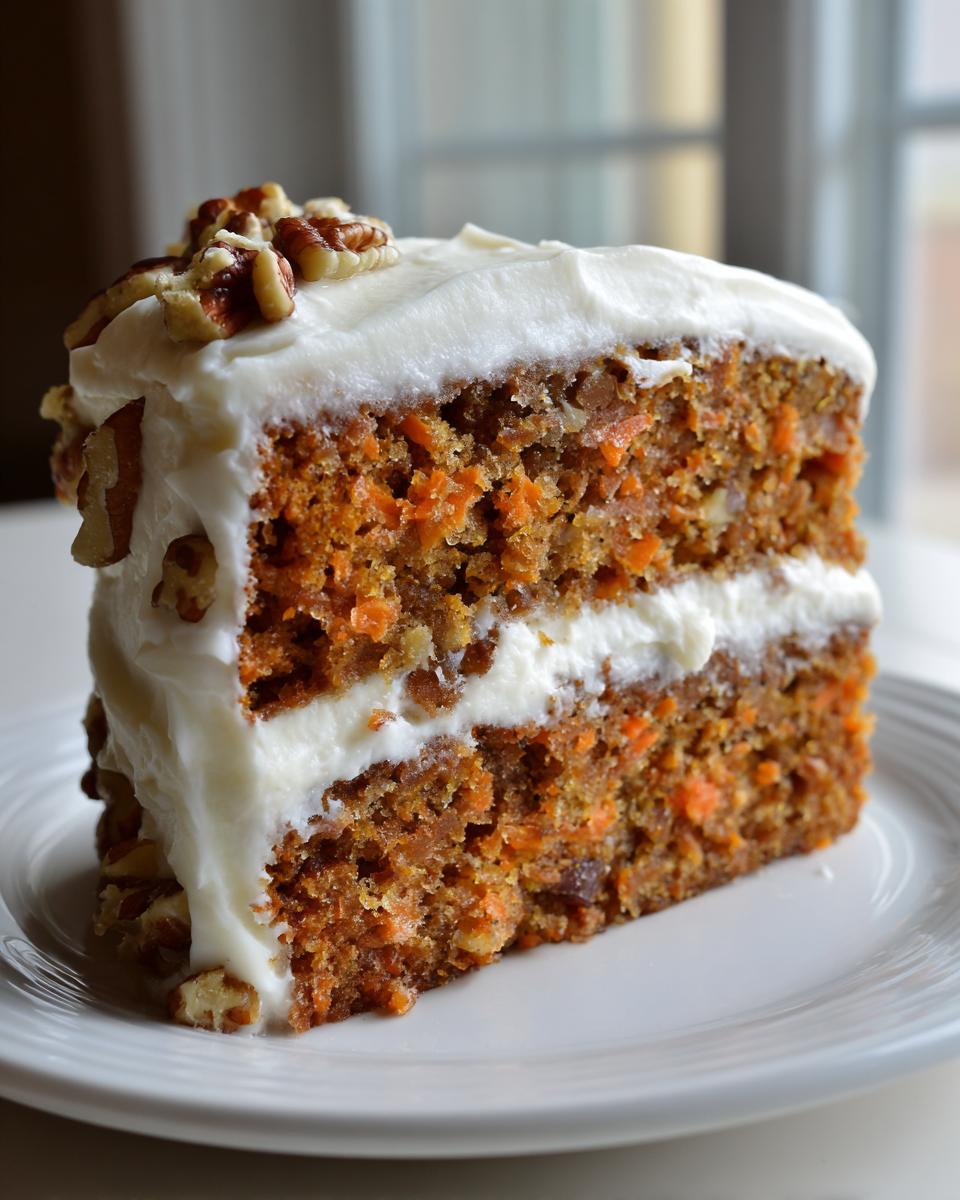 A thick slice of moist carrot cake recipe layered with cream cheese frosting and topped with pecans.