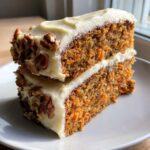 Close-up of two stacked slices of moist carrot cake recipe with thick cream cheese frosting and pecan topping.