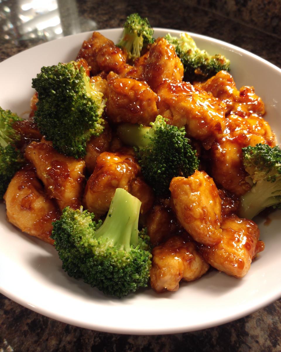 Close-up of glazed, saucy chicken and bright green broccoli florets served in a white bowl, showcasing the amazing chicken and broccoli dish.