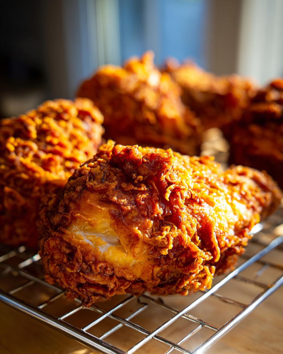 Close-up of perfectly crispy, golden brown fried chicken pieces resting on a wire cooling rack.
