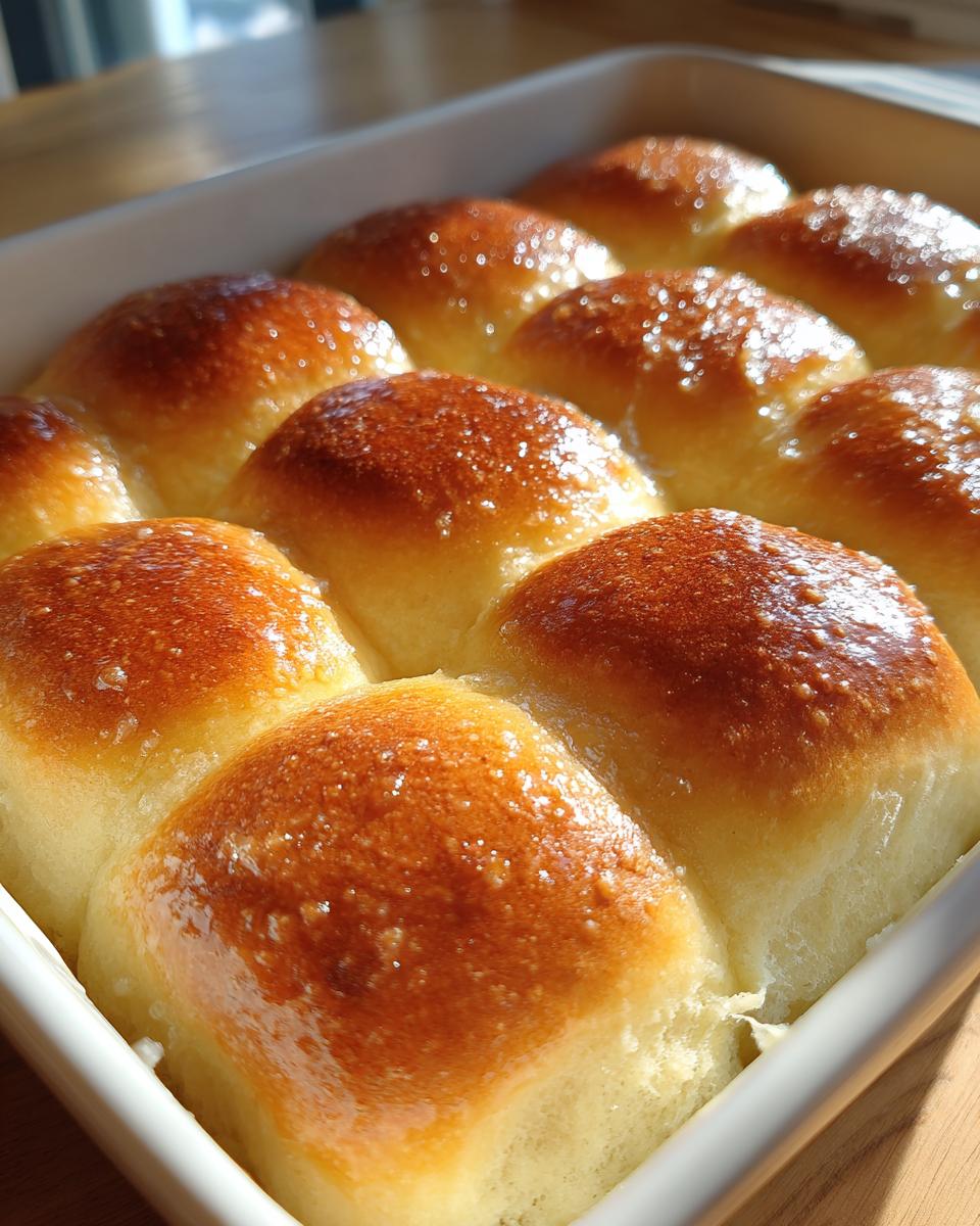 Close-up of twelve golden brown, soft dinner rolls baked together in a white dish, glistening with butter.