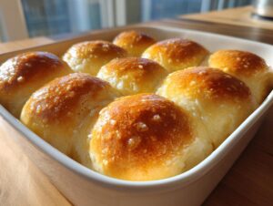Close-up of nine golden-brown, shiny dinner rolls baked together in a white square dish.