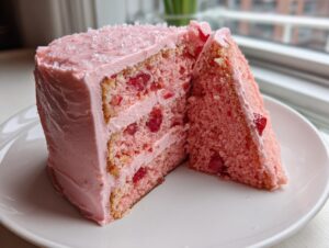A tall slice of pink strawberry cake with visible fruit pieces, next to another slice, topped with sparkling sugar.