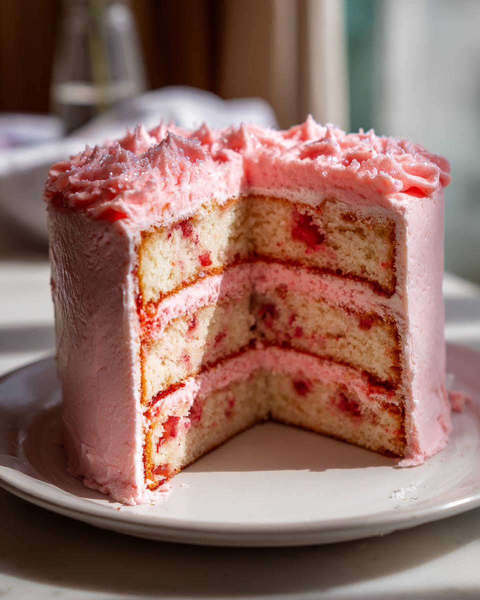 A three-layer strawberry cake with pink frosting, showing the interior layers with visible strawberry pieces.