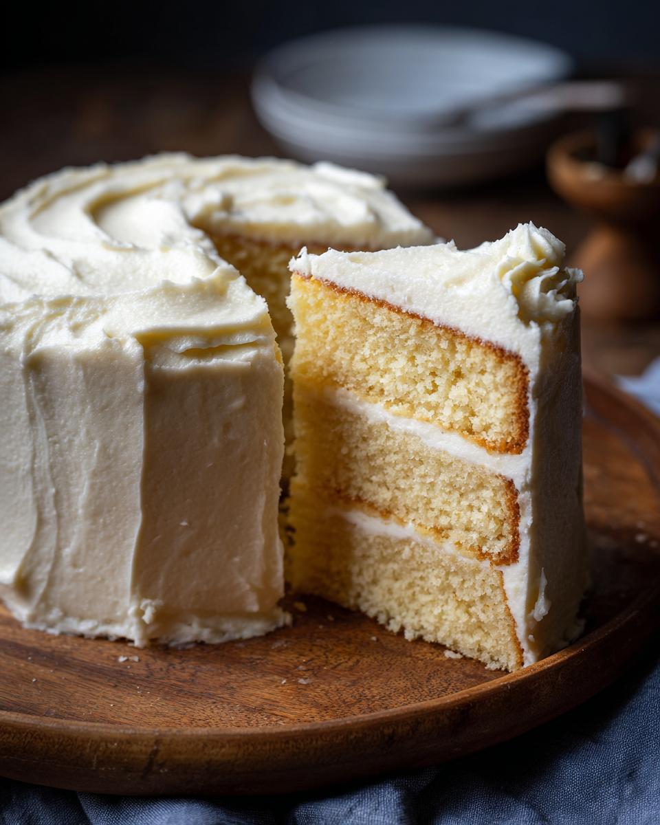 A slice cut from a three-layer vanilla cake recipe covered in thick white frosting.