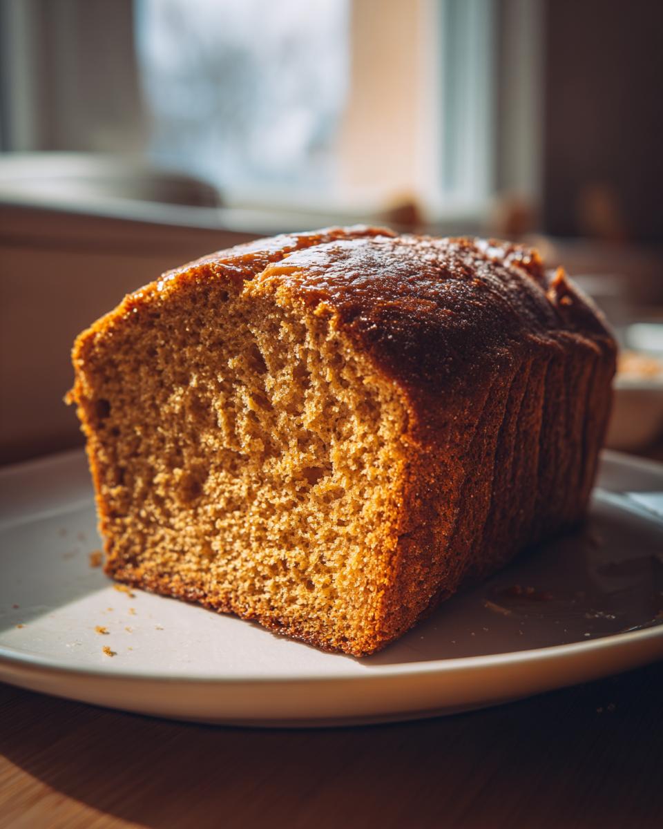 A close-up of a freshly baked, golden-brown whole wheat bread loaf slice on a white plate.