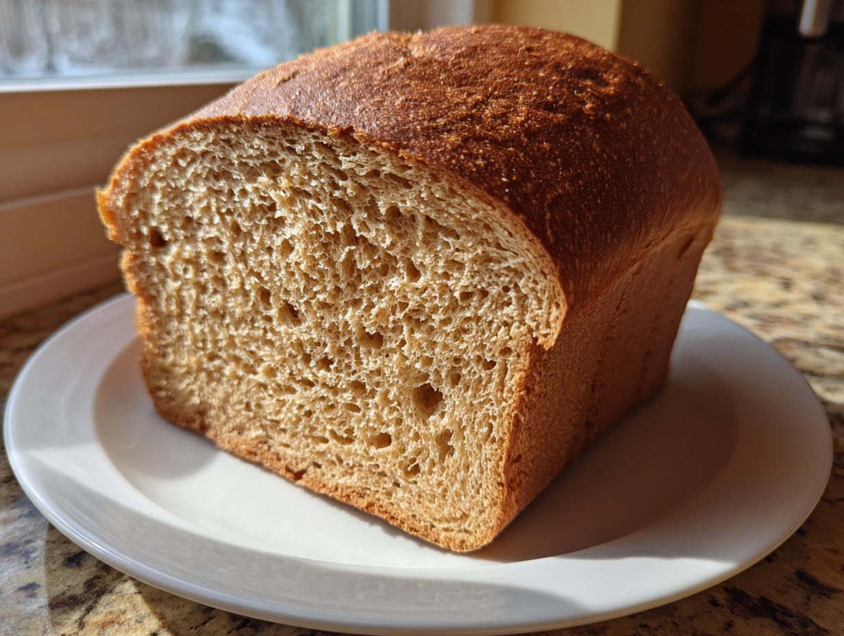 A golden-brown, freshly baked whole wheat bread loaf with one slice cut, sitting on a white plate.