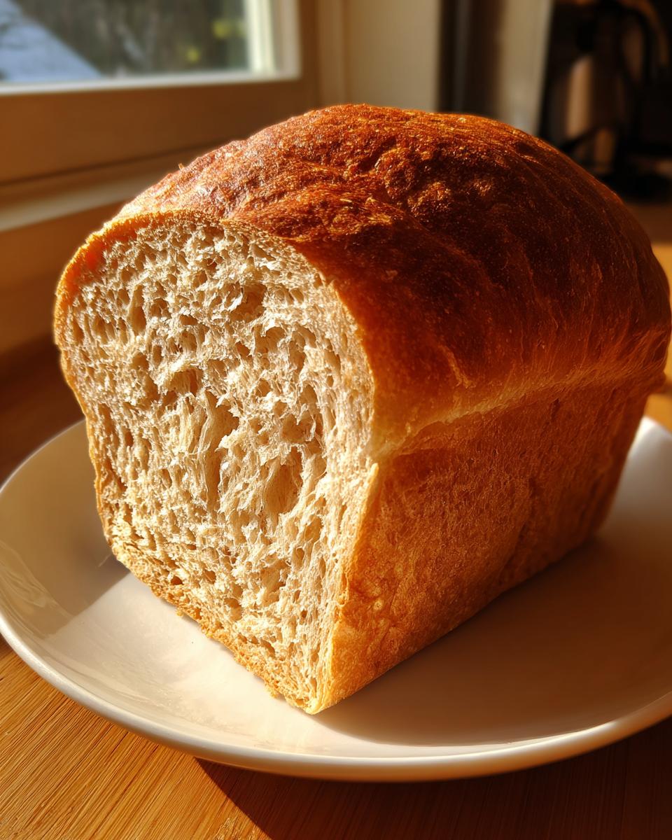 A freshly baked loaf of whole wheat bread, cut to show the soft, airy crumb texture.