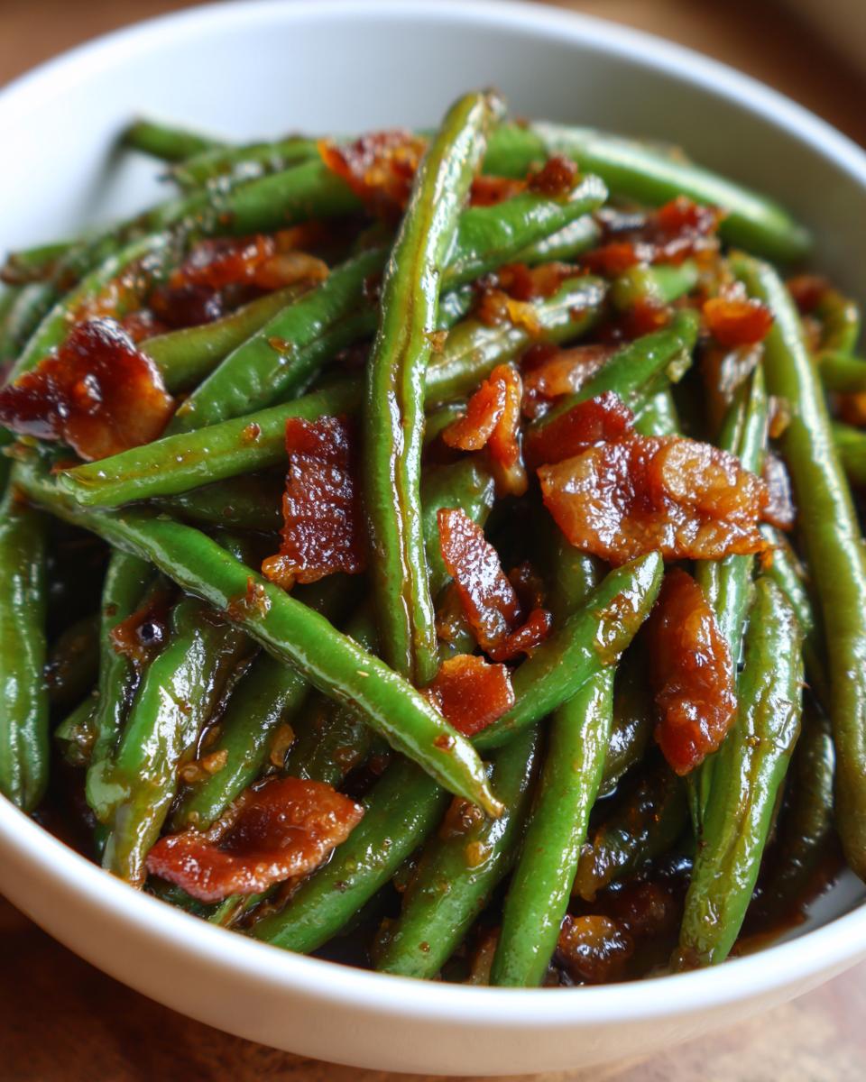 A close-up shot of vibrant green beans tossed in a savory glaze and topped with crispy bacon pieces.