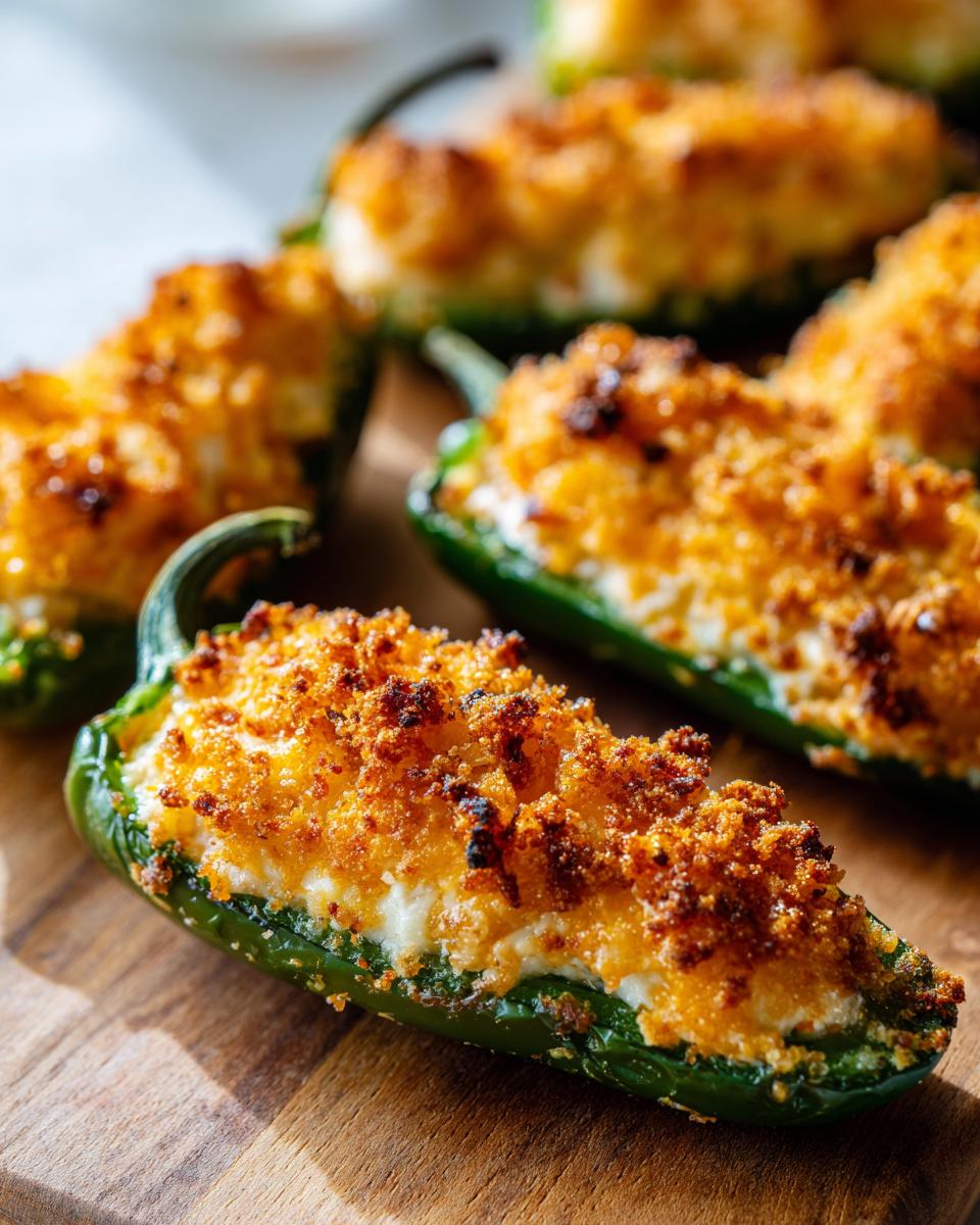 Close-up of a baked jalapeño popper stuffed with creamy filling and topped with a golden, crispy breadcrumb crust.