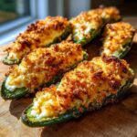 Close-up of several baked jalapeño poppers stuffed with cheese and topped with a golden brown, crunchy breadcrumb mixture.