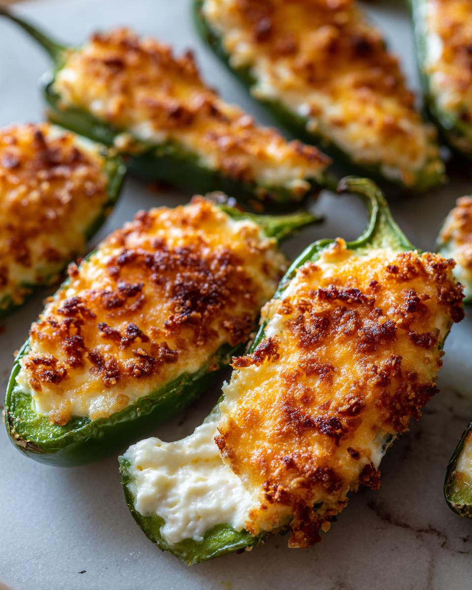 Close-up of several baked jalapeño poppers stuffed with cream cheese and topped with golden brown breadcrumbs.