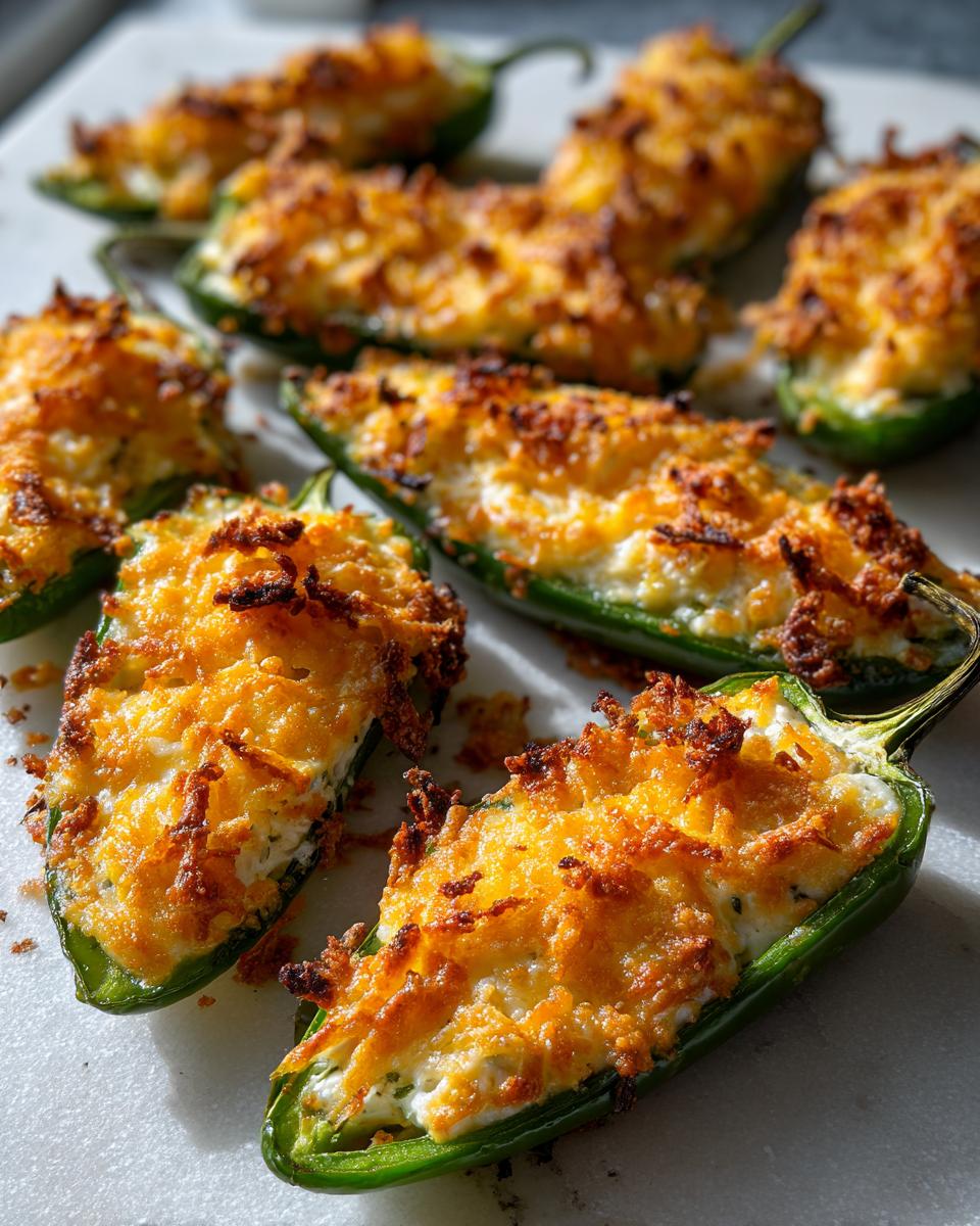 Close-up of several baked jalapeño poppers stuffed with cream cheese and topped with crispy, browned cheddar cheese.