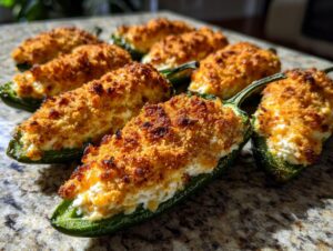 Close-up of several baked jalapeño poppers stuffed with creamy filling and topped with a golden, crispy breadcrumb crust.