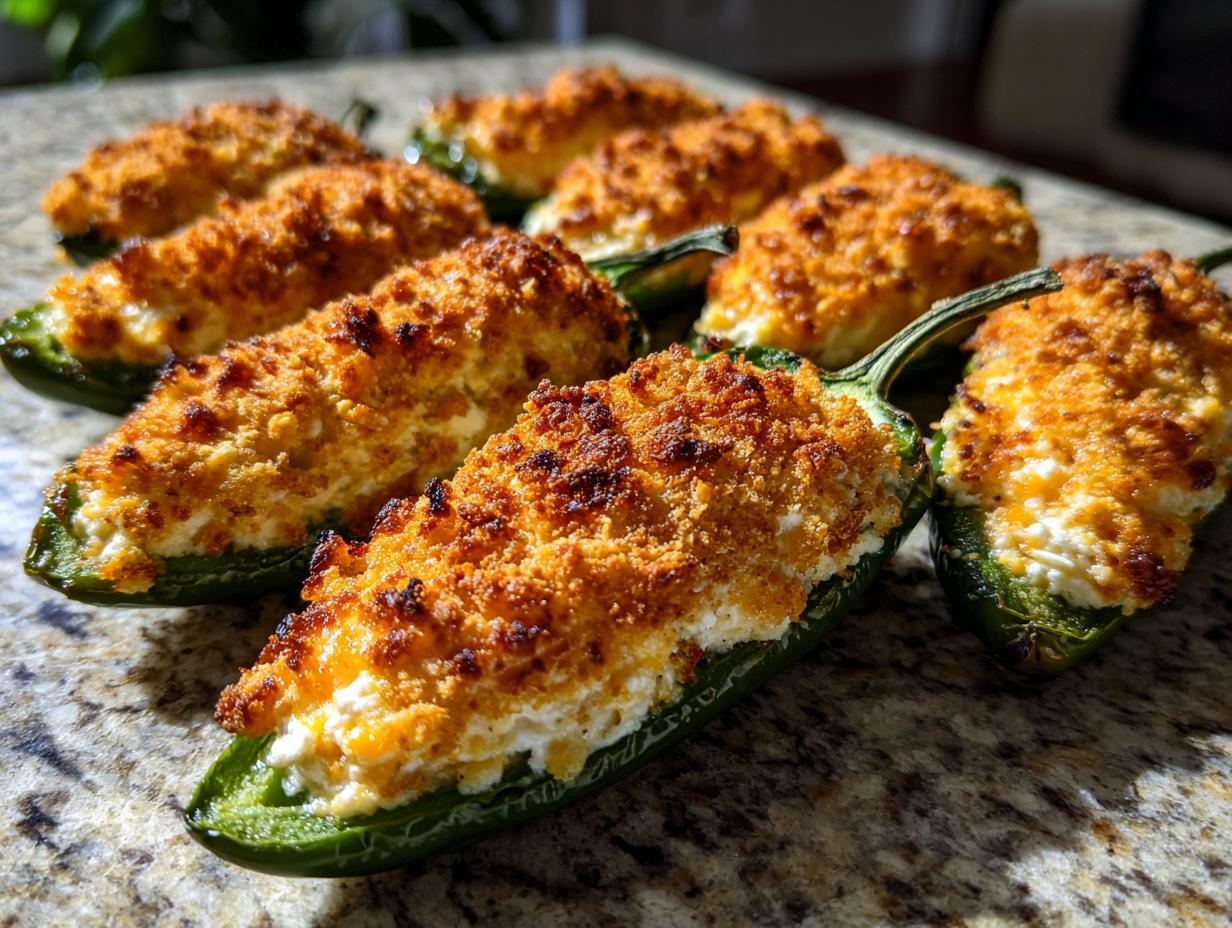 Close-up of several baked jalapeño poppers stuffed with creamy filling and topped with a golden, crispy breadcrumb crust.