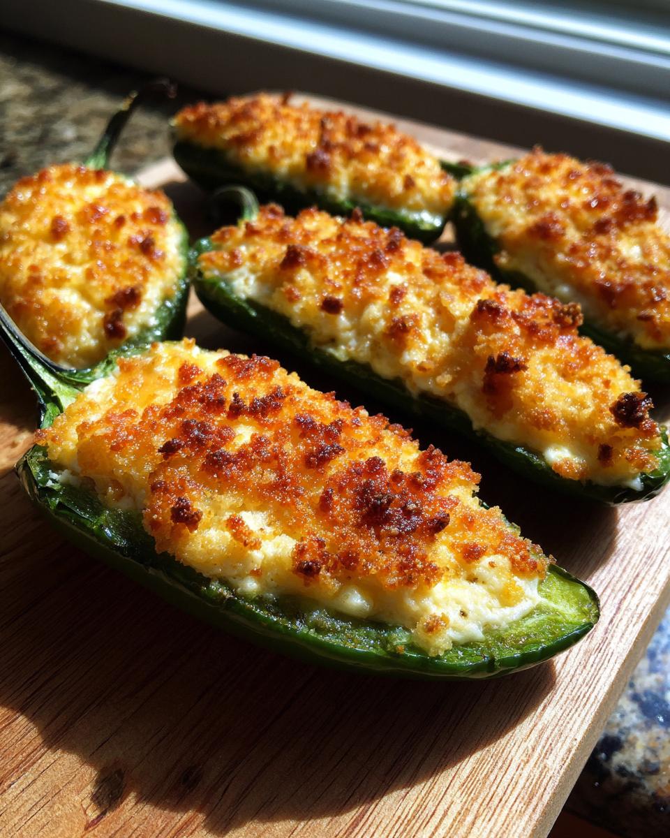 Five baked jalapeño poppers stuffed with creamy filling and topped with a golden, crispy breadcrumb layer.