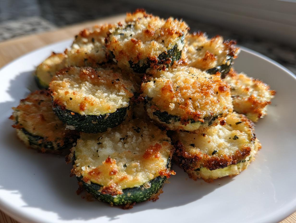 A pile of golden brown, crispy baked parmesan zucchini slices served on a white plate.