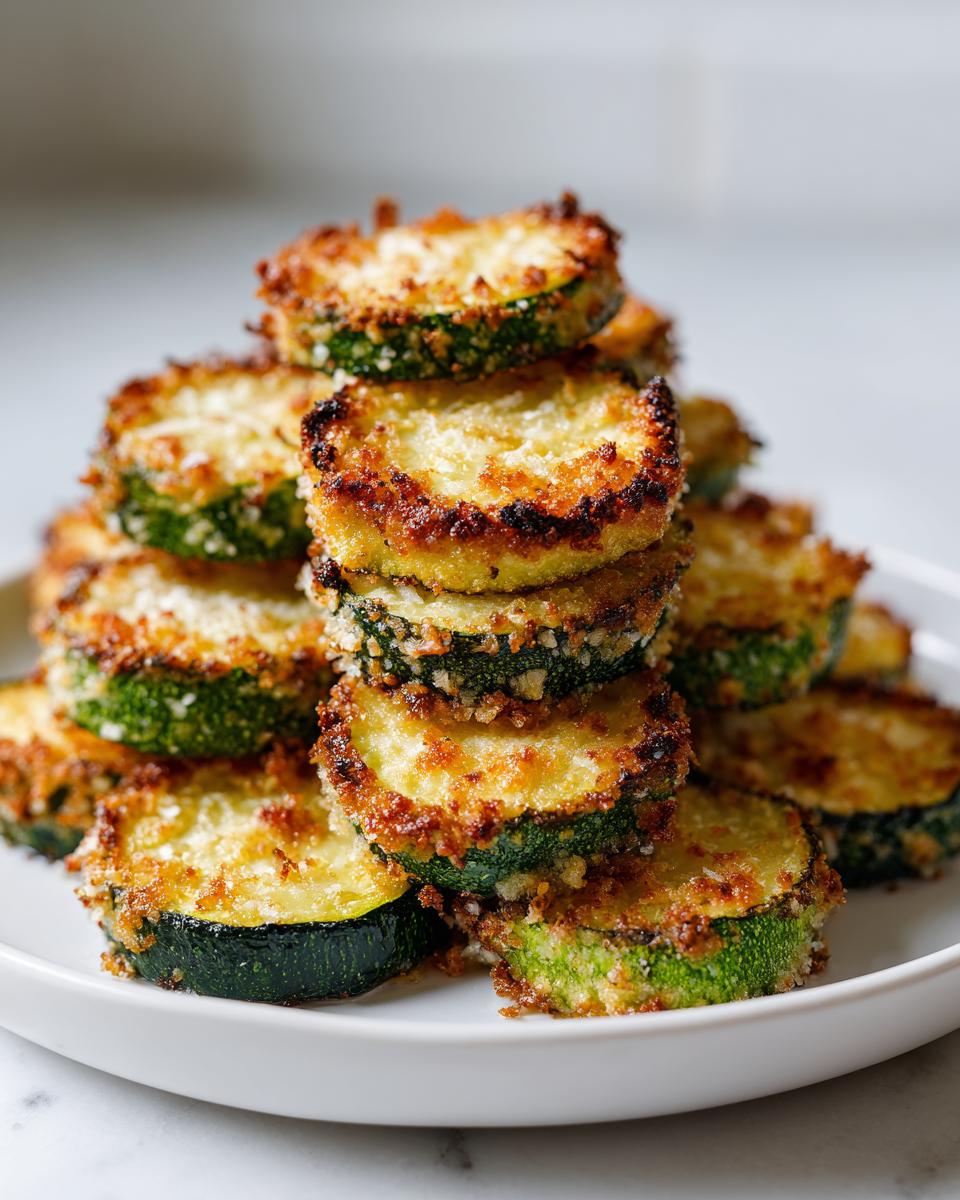 A tall stack of golden brown, crispy baked parmesan zucchini slices piled high on a white plate.