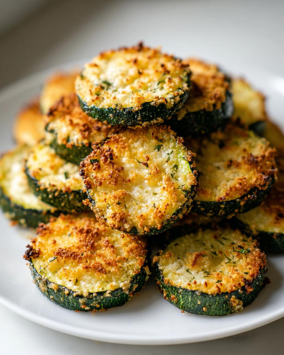 A close-up stack of crispy baked parmesan zucchini slices with golden brown topping on a white plate.