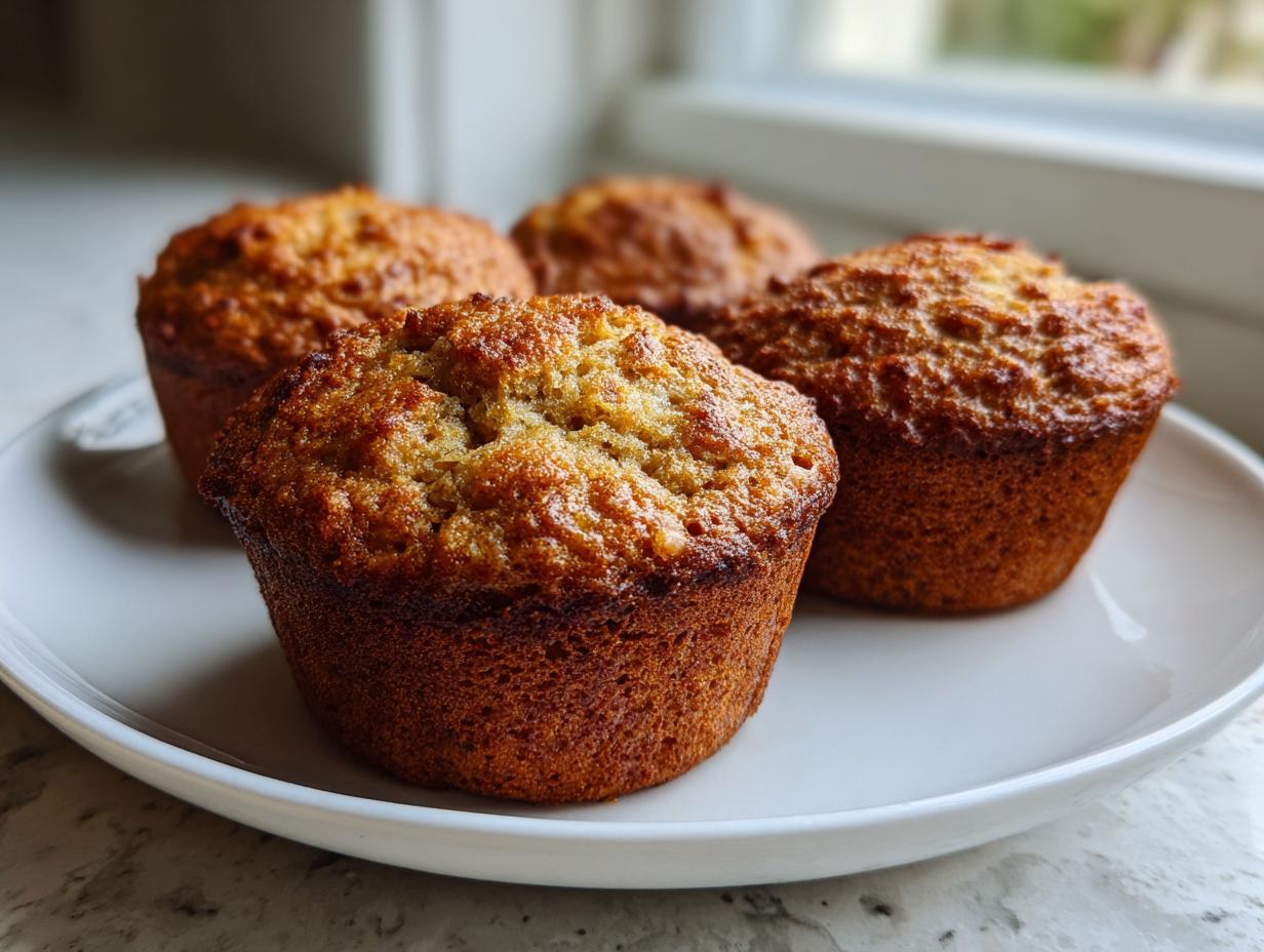 Four perfectly baked banana protein muffins with golden-brown tops resting on a white plate near a window.